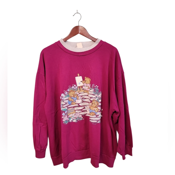Vintage Basic Editions Bear Cozy Magenta Sweatshirt Womens Size 2x Art Classes - Picture 1 of 10